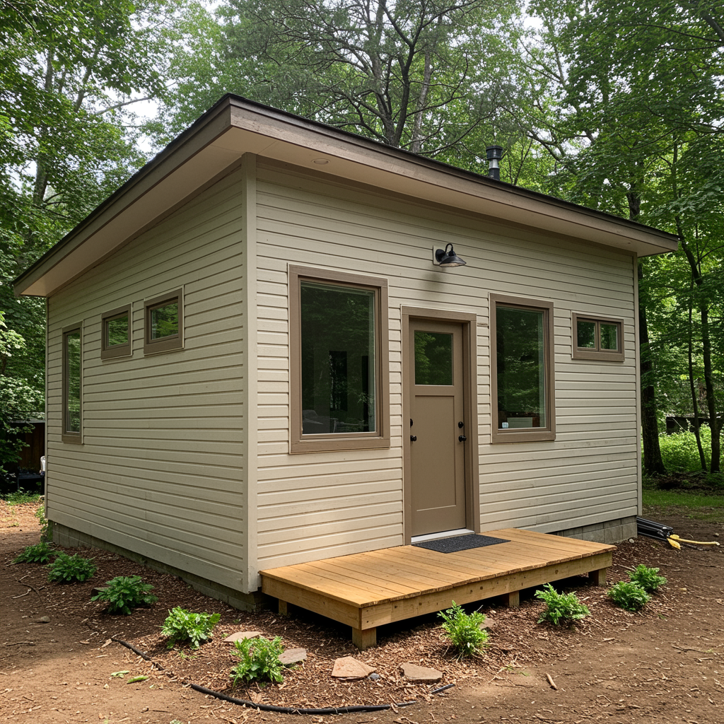 Modern, completed accessory dwelling unit with stylish exterior, large windows, landscaped pathway, and soft neutral colors