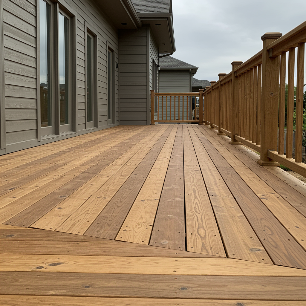Spacious newly constructed wooden deck with modern railings, attached to a contemporary home, showcased in natural daylight