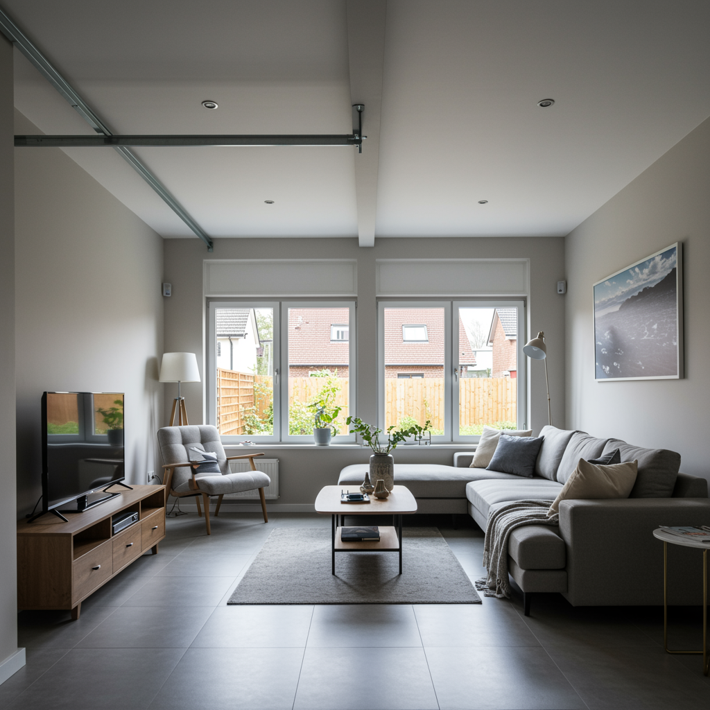 Modern finished garage conversion featuring a spacious living area with natural light and clean contemporary design elements