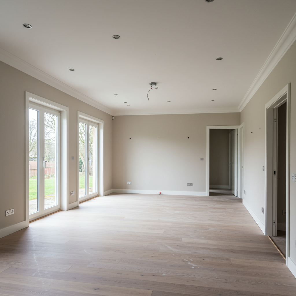 Beautifully renovated living room with clear open space, clean walls, and natural light showing the completed interior demolition service