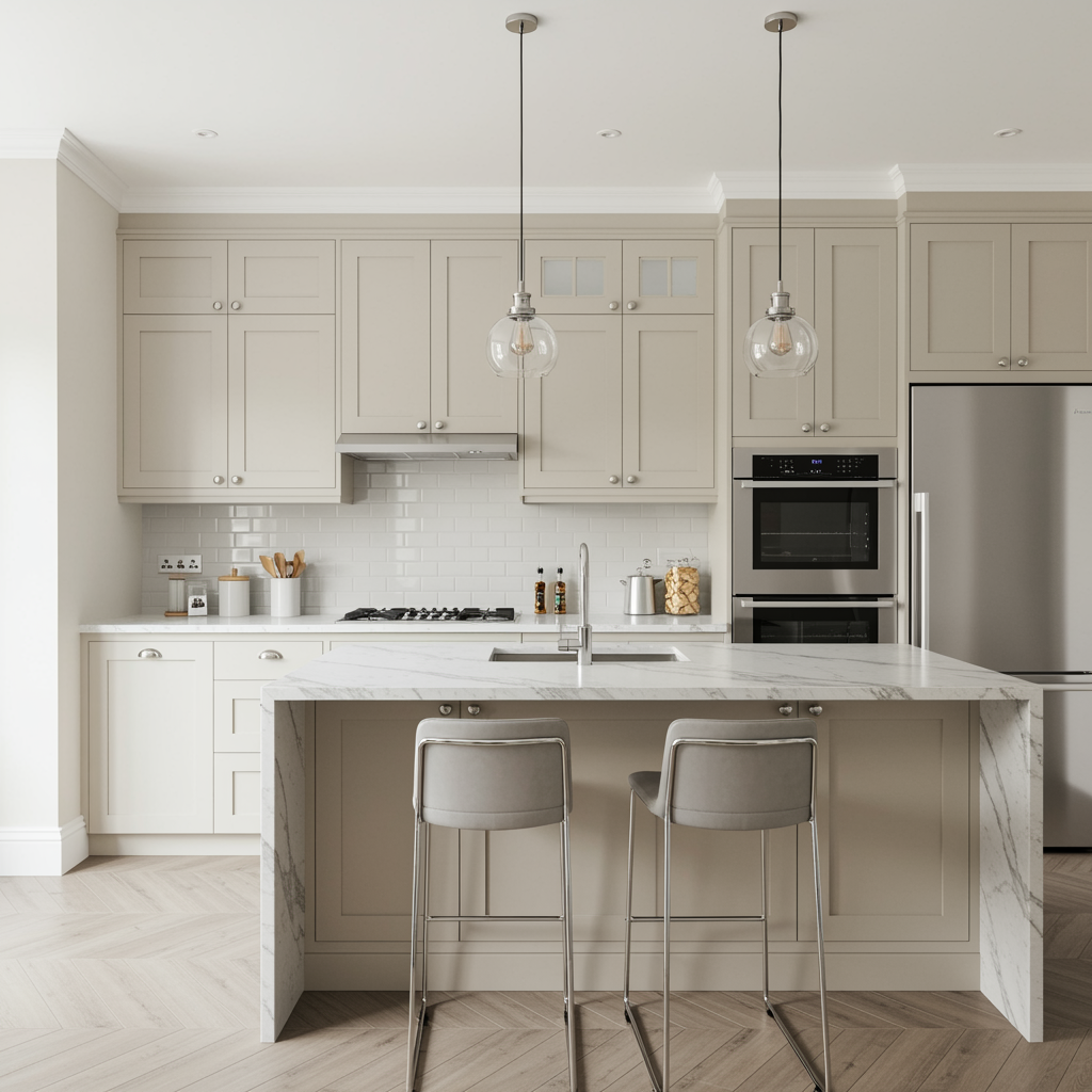 Beautifully remodeled kitchen with custom cabinets, marble-topped island, and stainless steel appliances, showing the finished results of a construction service