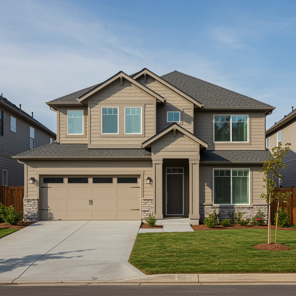 Brand new modern home exterior with fresh facade and landscaped front yard highlighting quality construction