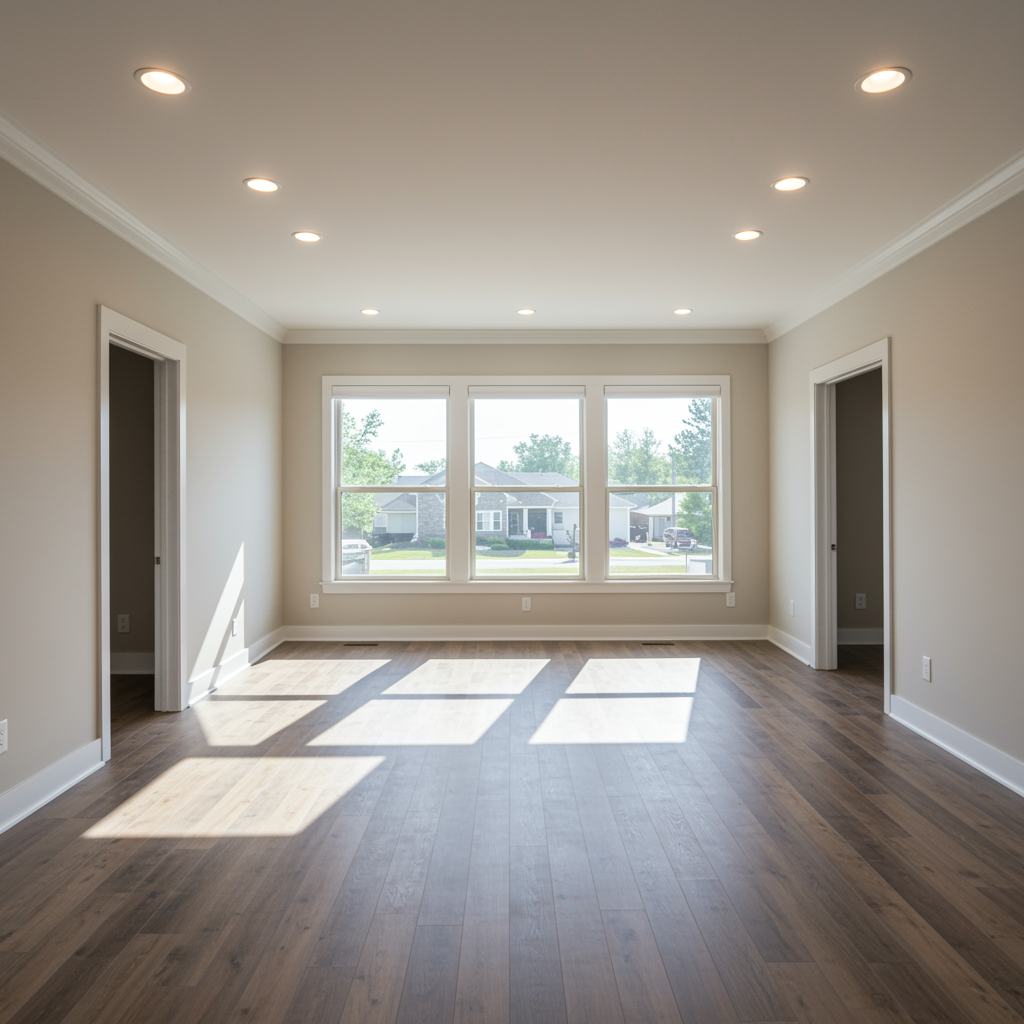 Renovated living room with new drywall, modern lighting, hardwood floors, and stylish neutral colors